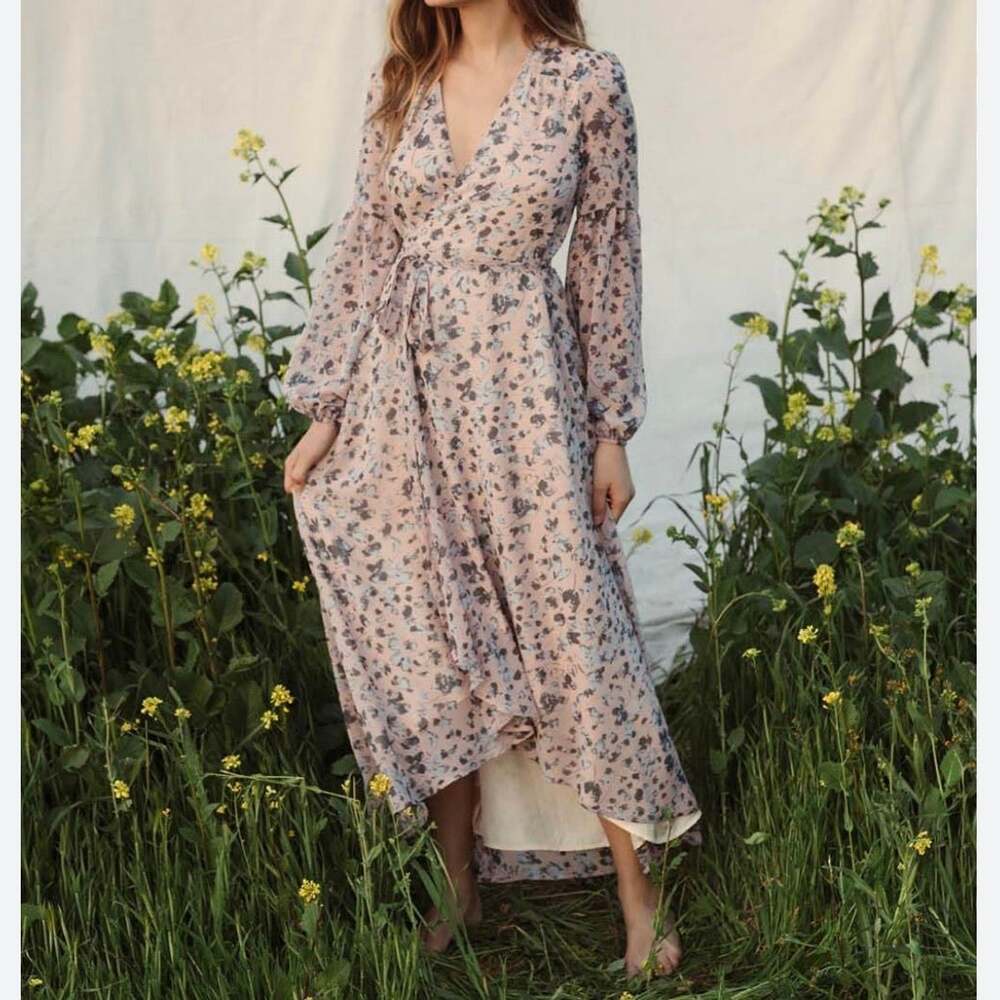 Christy Dawn Bergen Floral Maxi Wrap Dress Women's Small Pink Charcoal
